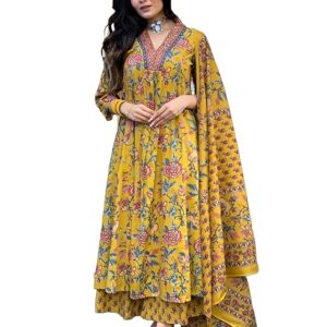 Nermosa Women Printed Anarkali Kurta and pant set with Dupatta